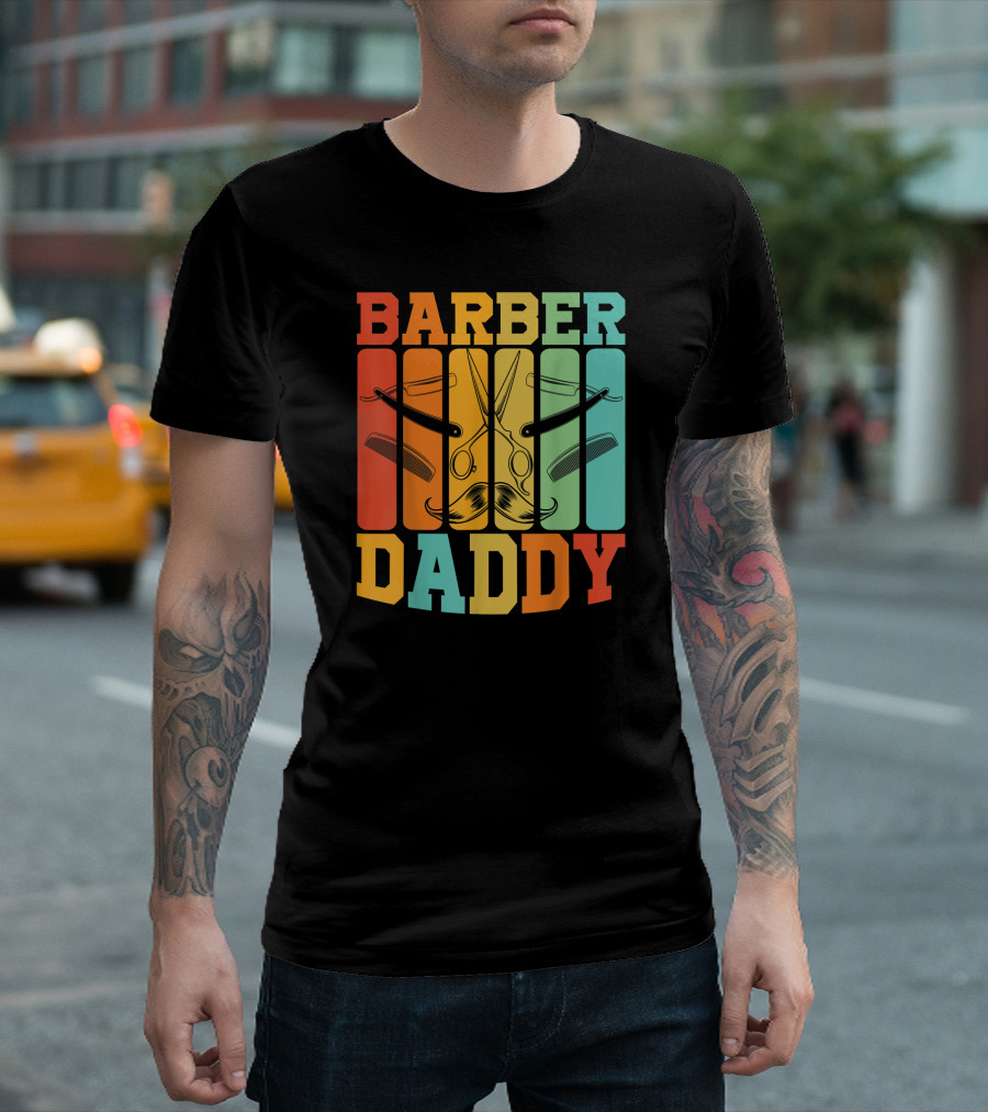 Barber Daddy Scissors and Comb Mustache Style Retro Blocks T-Shirt
