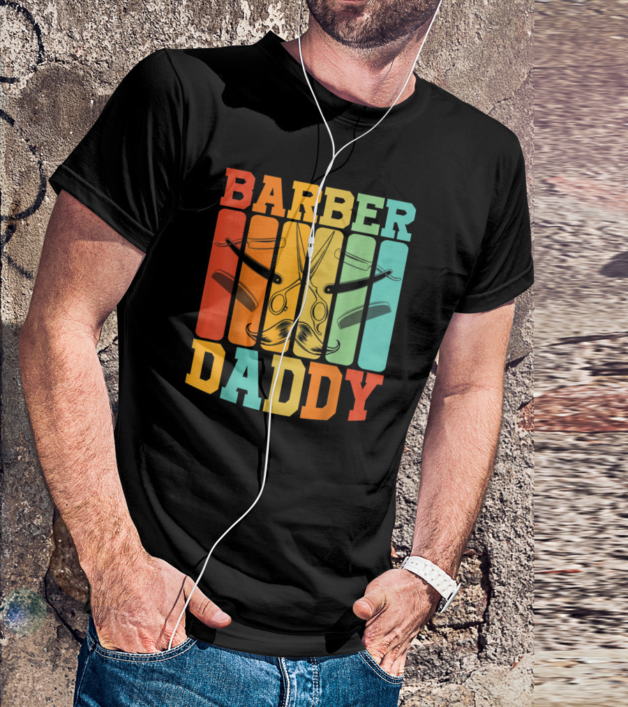 Barber Daddy Scissors And Comb Mustache Style Retro Blocks T-Shirt