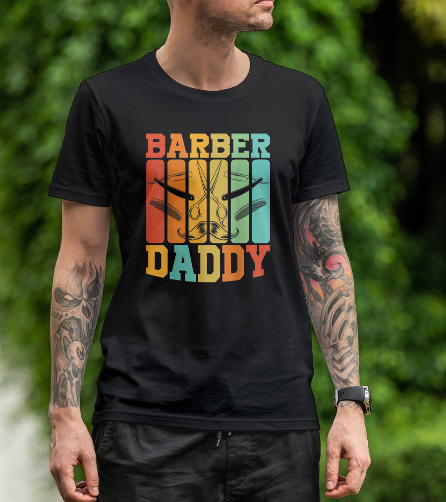 Barber Daddy Scissors And Comb Mustache Style Retro Blocks T-Shirt