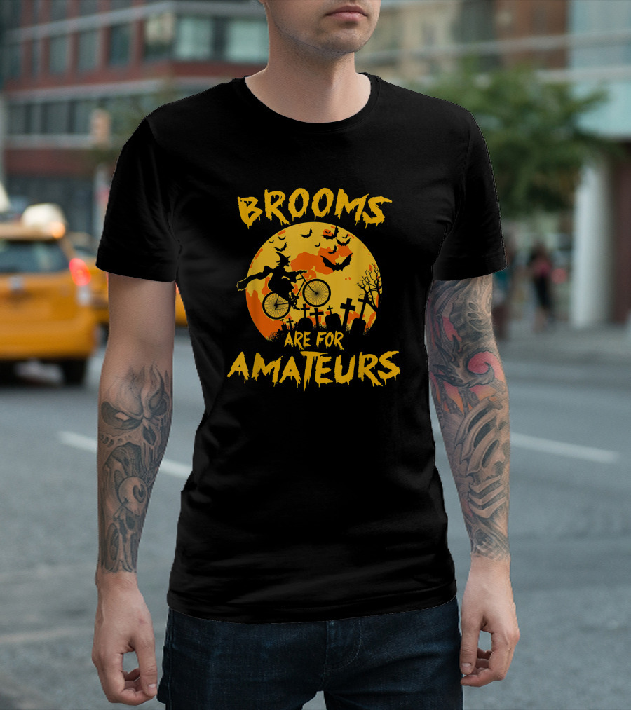 Brooms Are For Amateurs Witch Riding Bicycle Halloween Moon Graveyard Bats T-Shirt