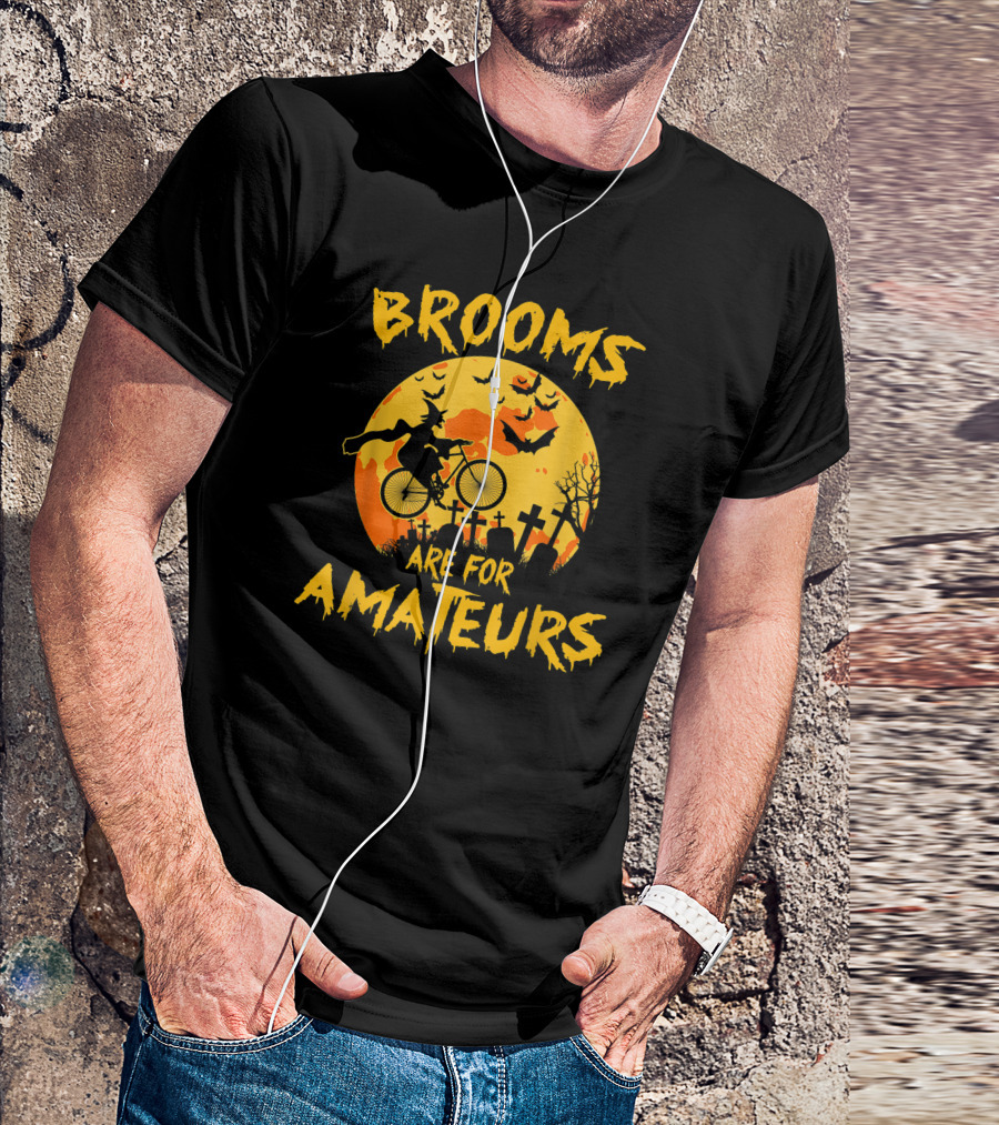 Brooms Are For Amateurs Witch Riding Bicycle Halloween Moon Graveyard Bats T-Shirt