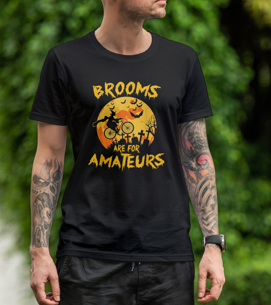 Brooms Are For Amateurs Witch Riding Bicycle Halloween Moon Graveyard Bats T-Shirt