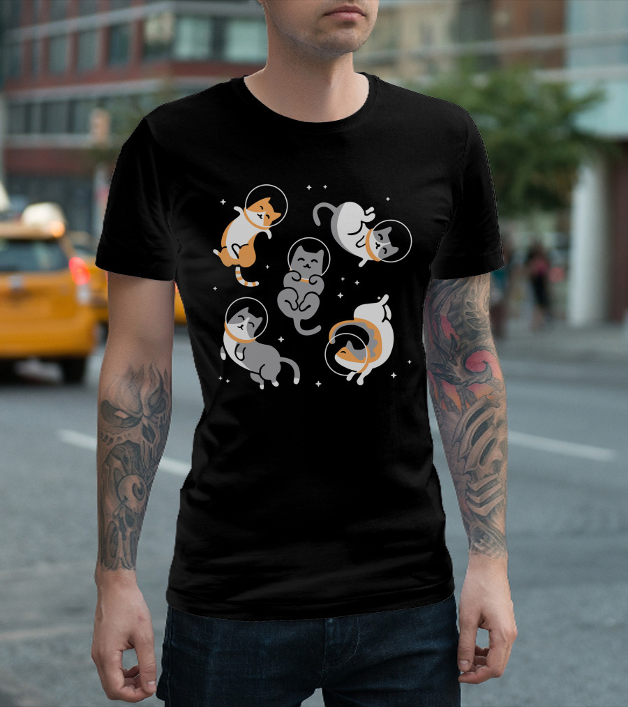 CATS IN SPACE Floating Cartoon Kittens In Astronaut Helmets Amid Stars T-Shirt