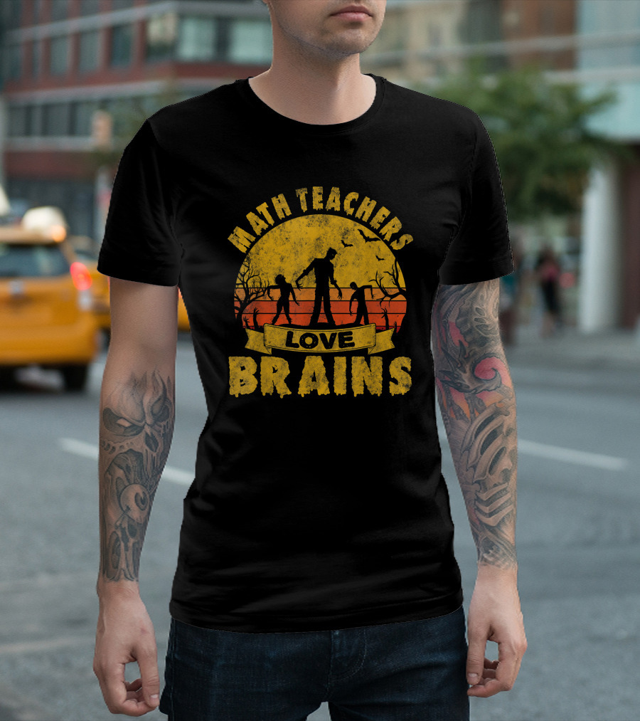 Math Teachers Love Brains Zombie Apocalypse Retro Sunset T-Shirt