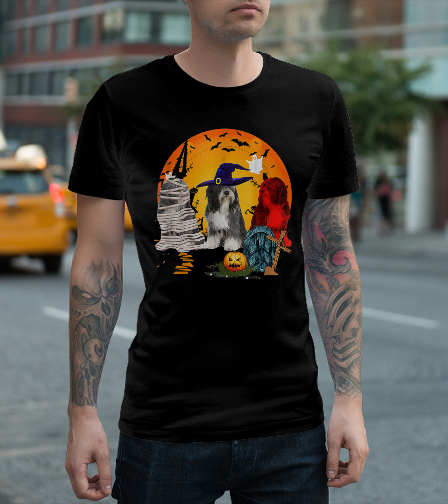 Tibetan Terrier Dog Family Of Three Halloween Spooky Scene with Witch Hat and Pumpkin T-Shirt