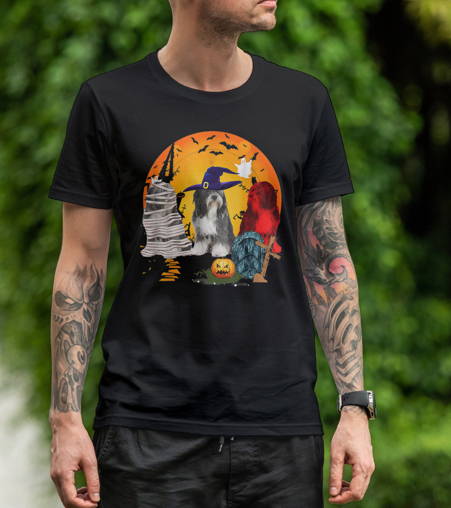 Tibetan Terrier Dog Family Of Three Halloween Spooky Scene With Witch Hat And Pumpkin T-Shirt