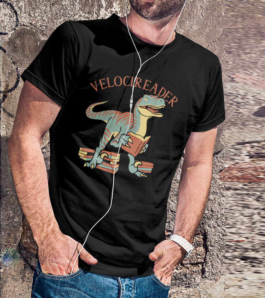 VELOCIREADER Dinosaur Reading Book With Stacked Books T-Shirt