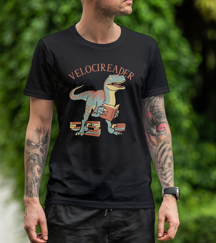 VELOCIREADER Dinosaur Reading Book With Stacked Books T-Shirt