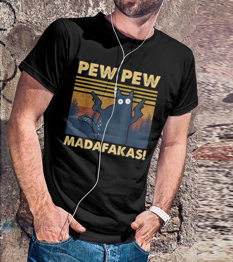 Pew Pew Madafakas Cat Retro Gun-Wielding Forest T-Shirt
