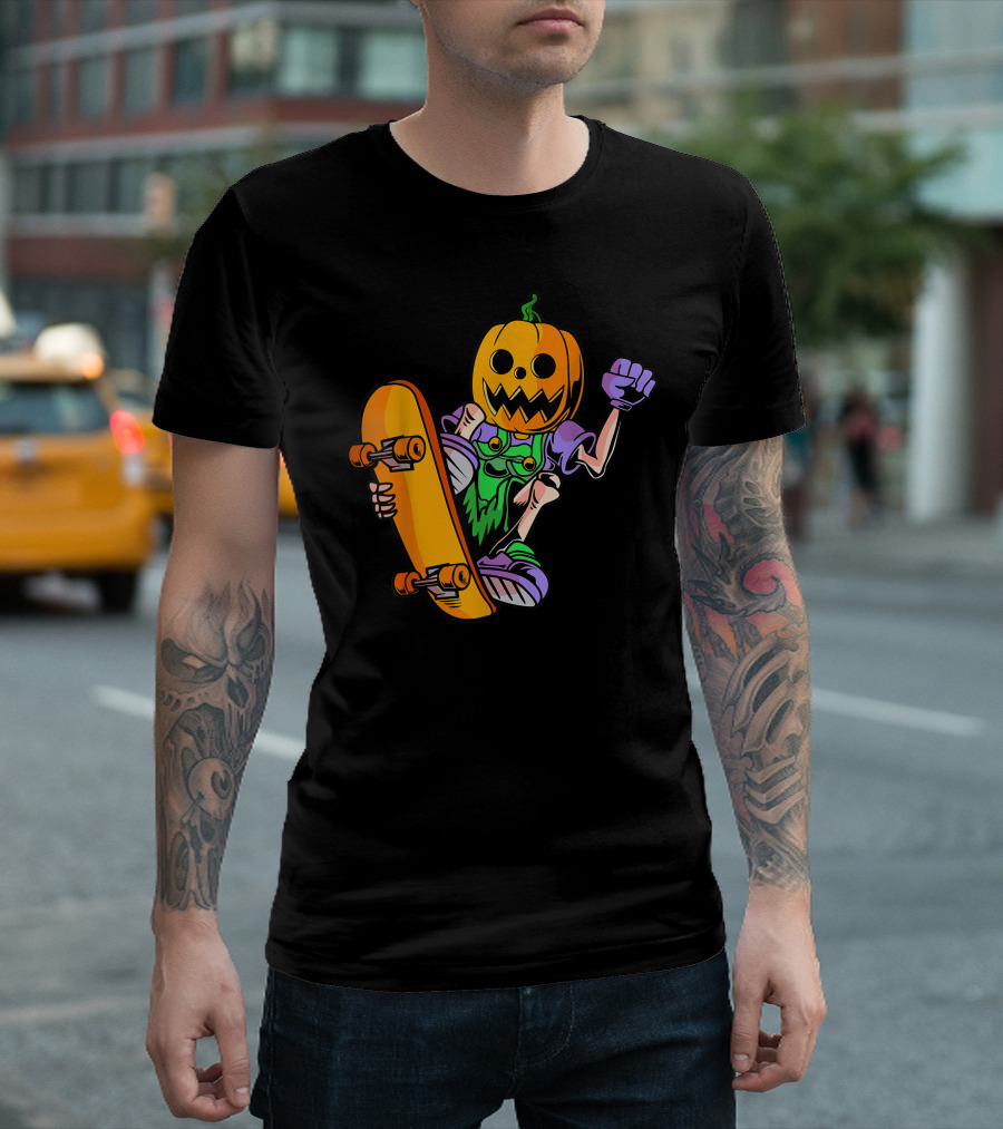 Pumpkin Head Trick Skateboarding With Halloween T-Shirt