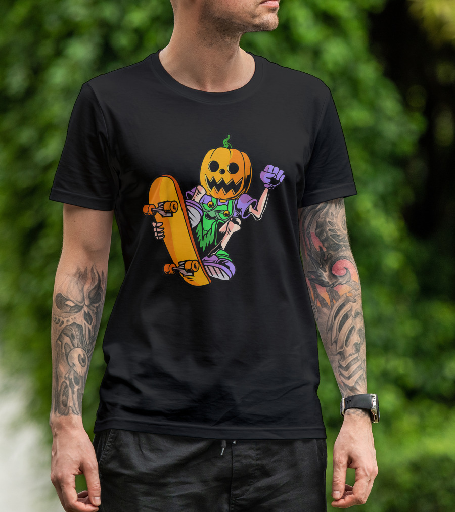 Pumpkin Head Trick Skateboarding With Halloween T-Shirt