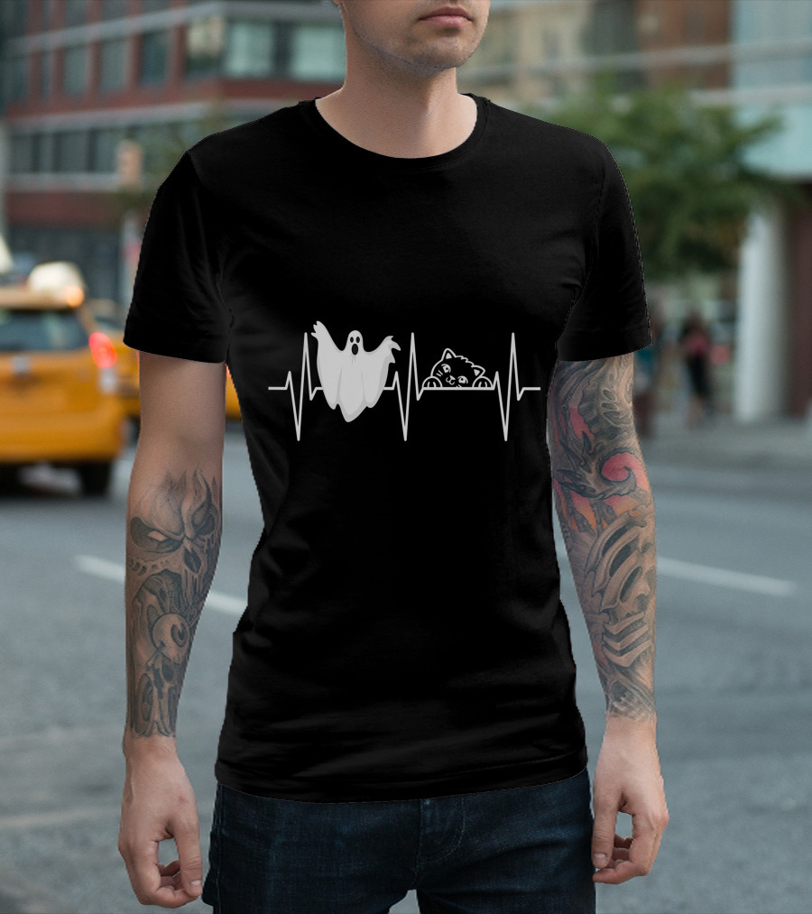 Cats Paranormal Ghost Hunting with Heartbeat Line and Ghostly Cat T-Shirt