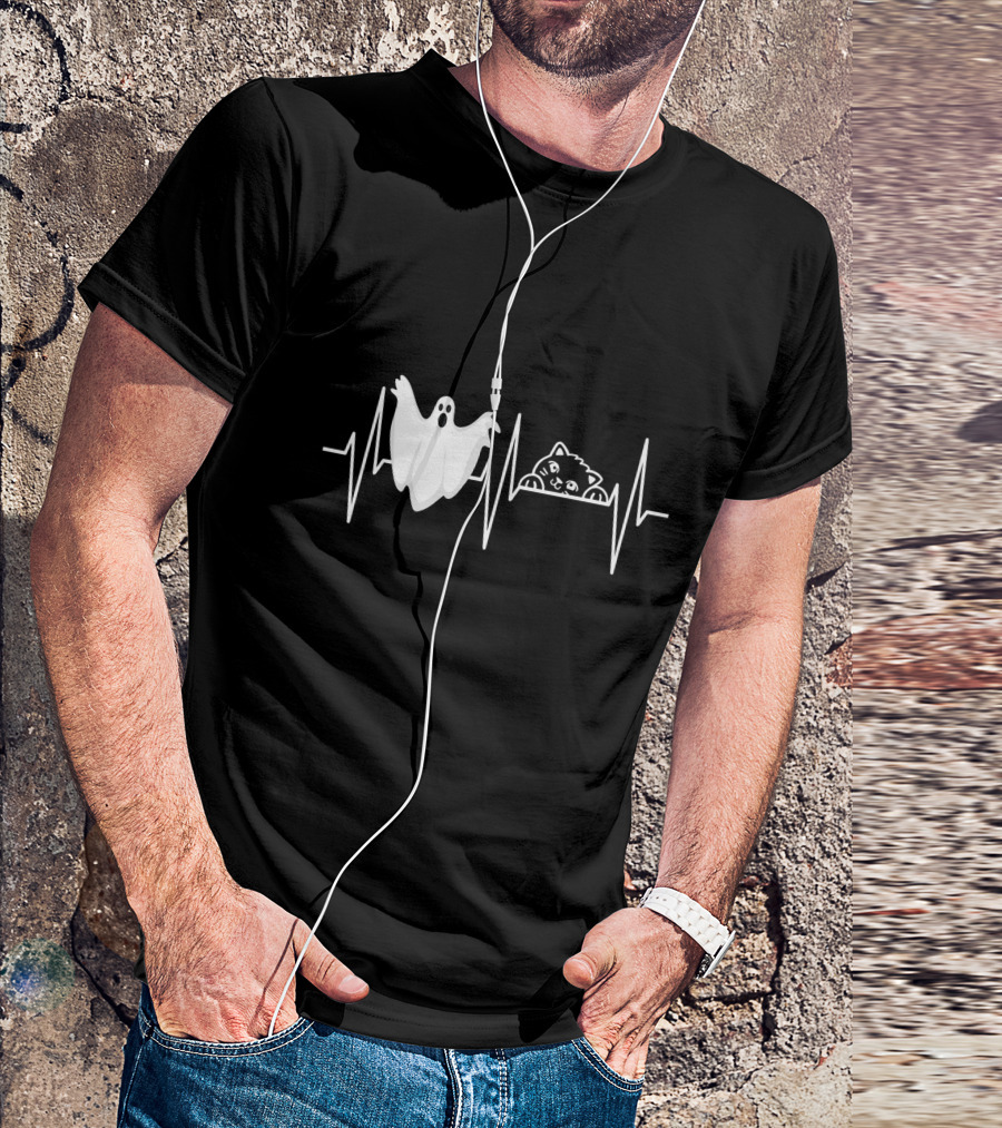 Cats Paranormal Ghost Hunting With Heartbeat Line And Ghostly Cat T-Shirt