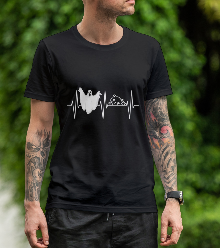Cats Paranormal Ghost Hunting With Heartbeat Line And Ghostly Cat T-Shirt