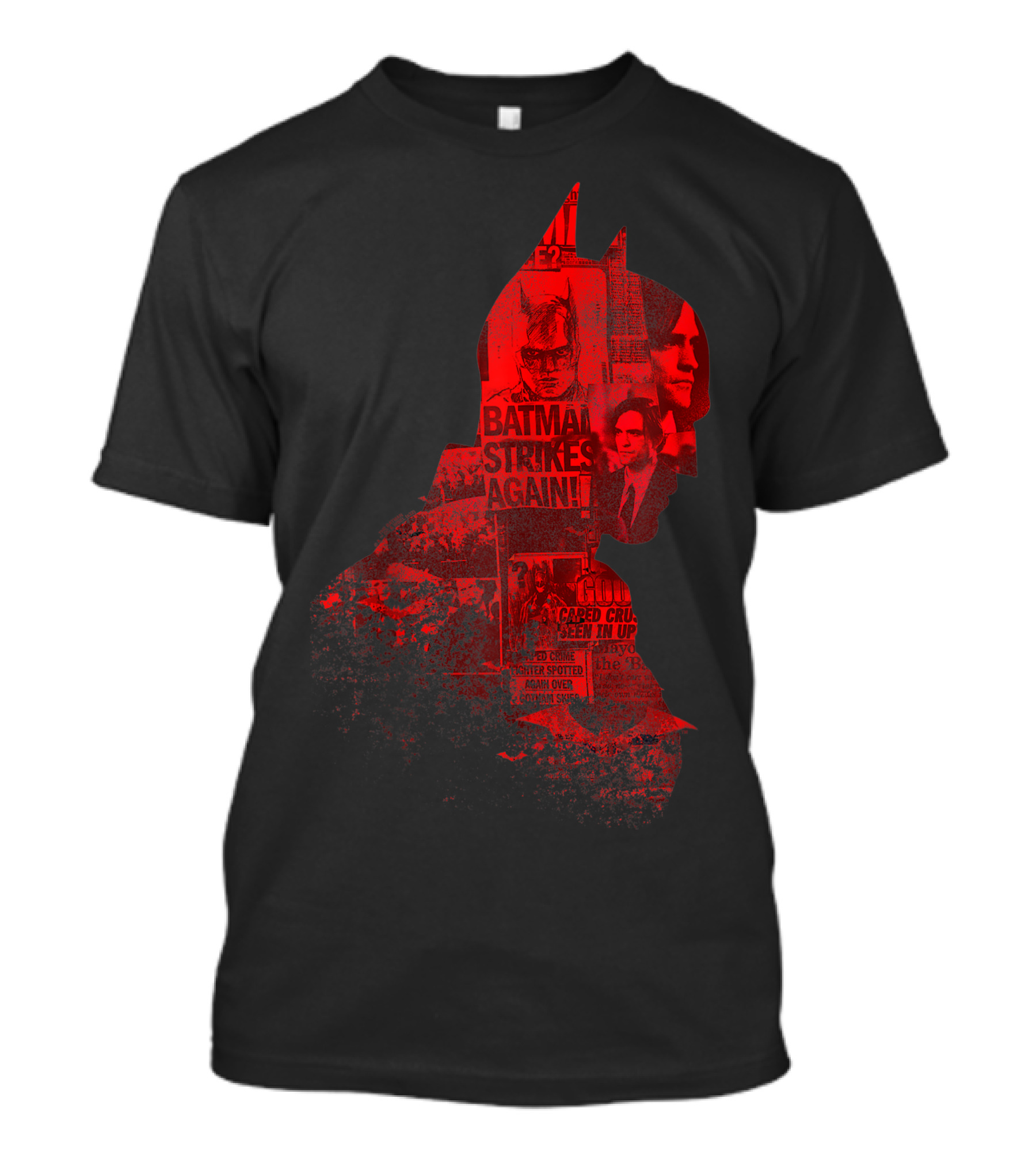Batman Strikes Again Silhouette Collage Newspaper Headlines T-Shirt