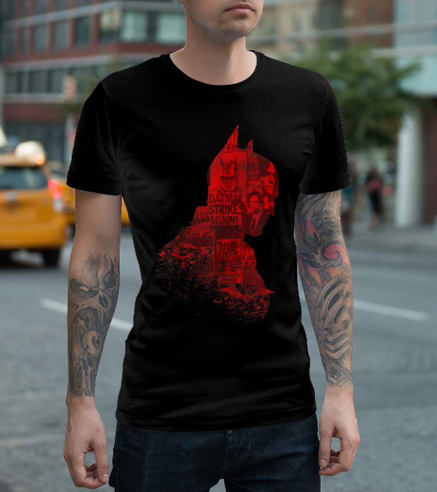 Batman Strikes Again Silhouette Collage Newspaper Headlines T-Shirt