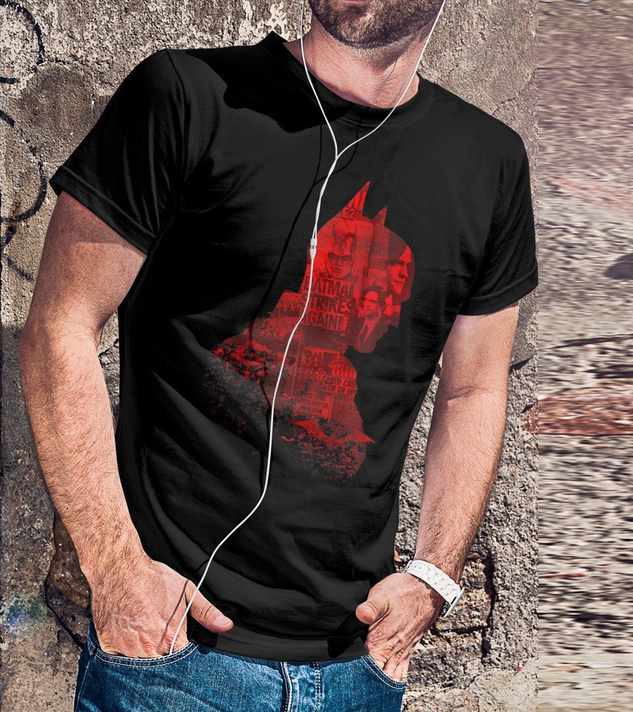 Batman Strikes Again Silhouette Collage Newspaper Headlines T-Shirt