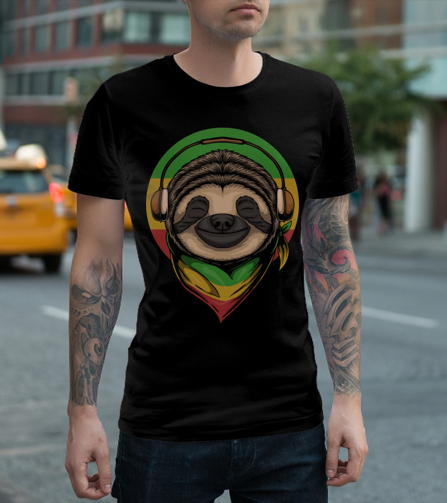 Sloth Rasta Headphones Rasta Colors T-Shirt
