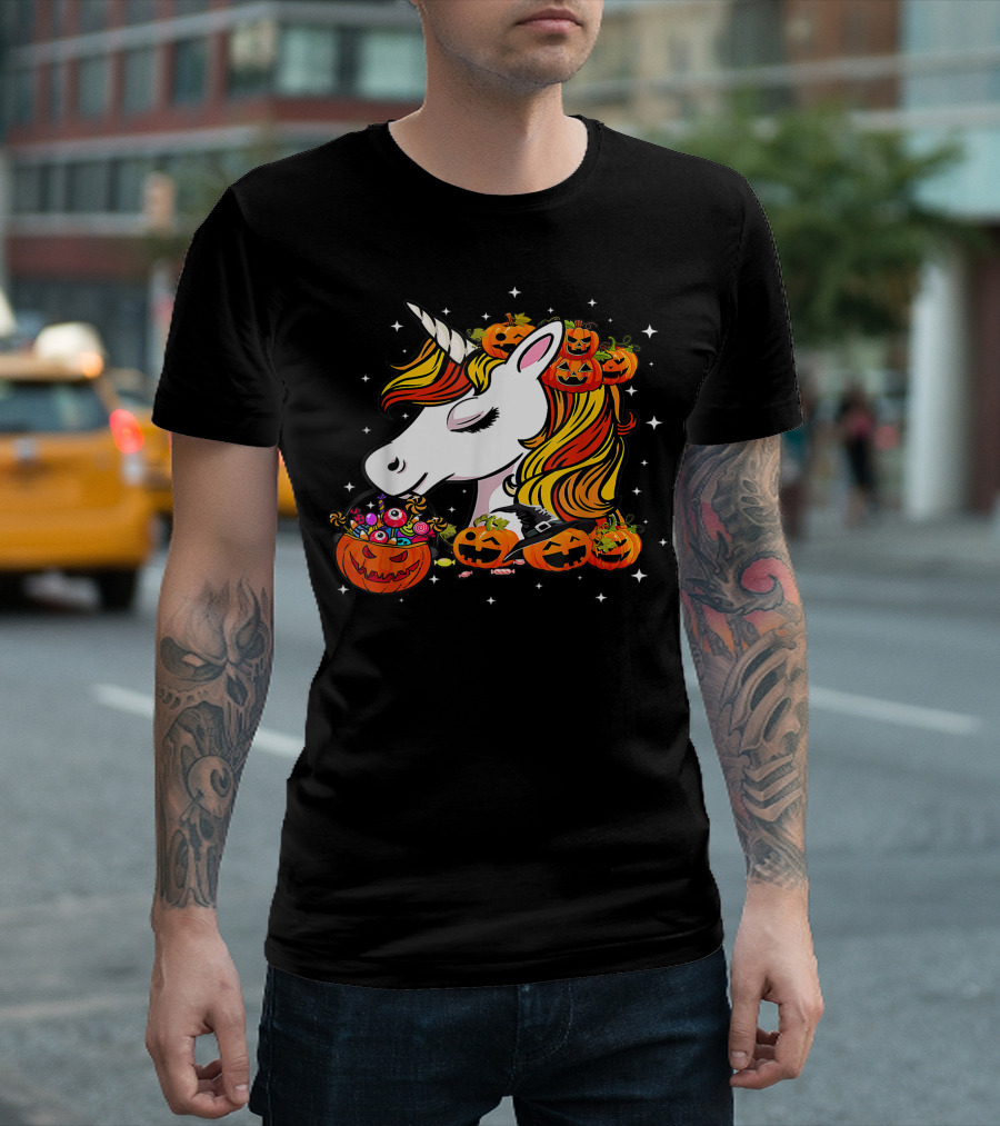 Candy Corn Unicorn Surrounded by Jack-O-Lanterns and Candy-Eyed Treats Halloween T-Shirt