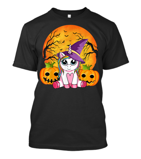 Witchy Unicorn Halloween With Pumpkins And Full Moon T-Shirt