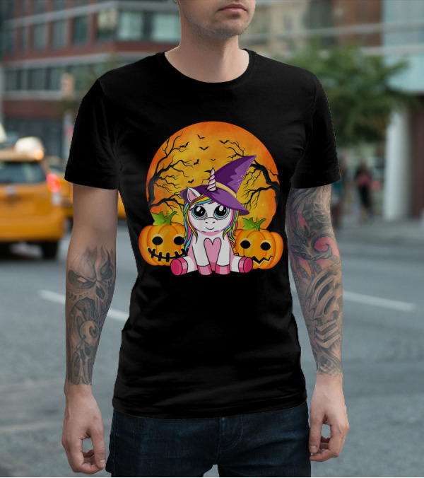 Witchy Unicorn Halloween With Pumpkins And Full Moon T-Shirt