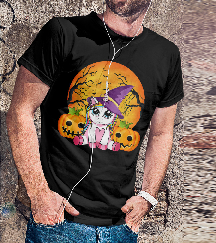 Witchy Unicorn Halloween With Pumpkins And Full Moon T-Shirt
