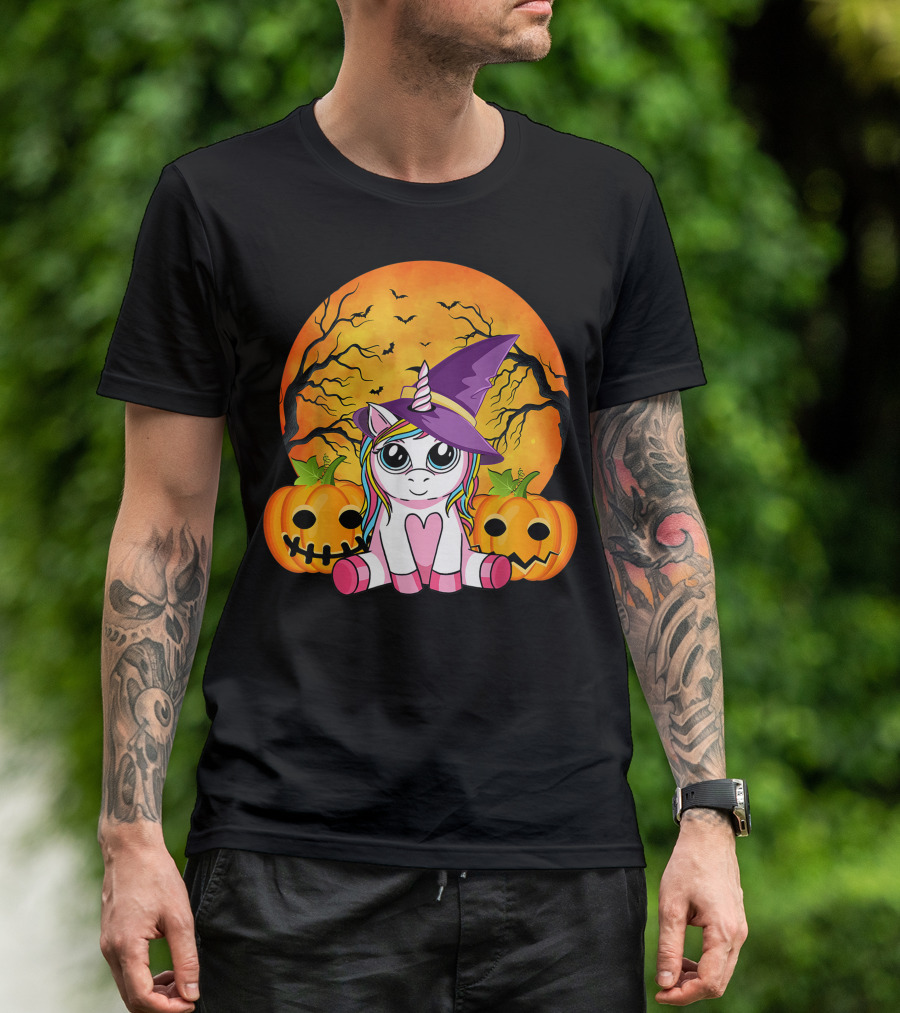 Witchy Unicorn Halloween With Pumpkins And Full Moon T-Shirt