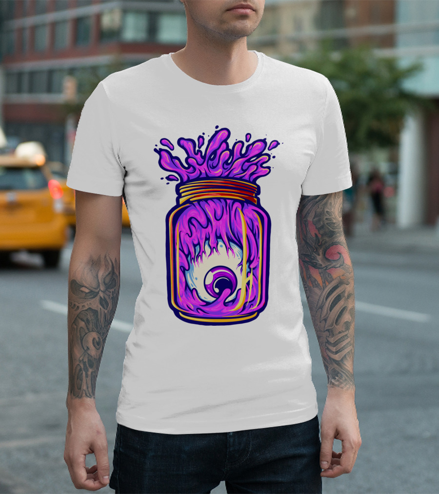 Zombie Eyeball Jar Overflowing with Purple Liquid T-Shirt