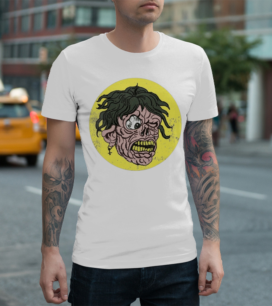 Rebel Zombie Grinning Undead Head with Cross Earring on Yellow Circle T-Shirt