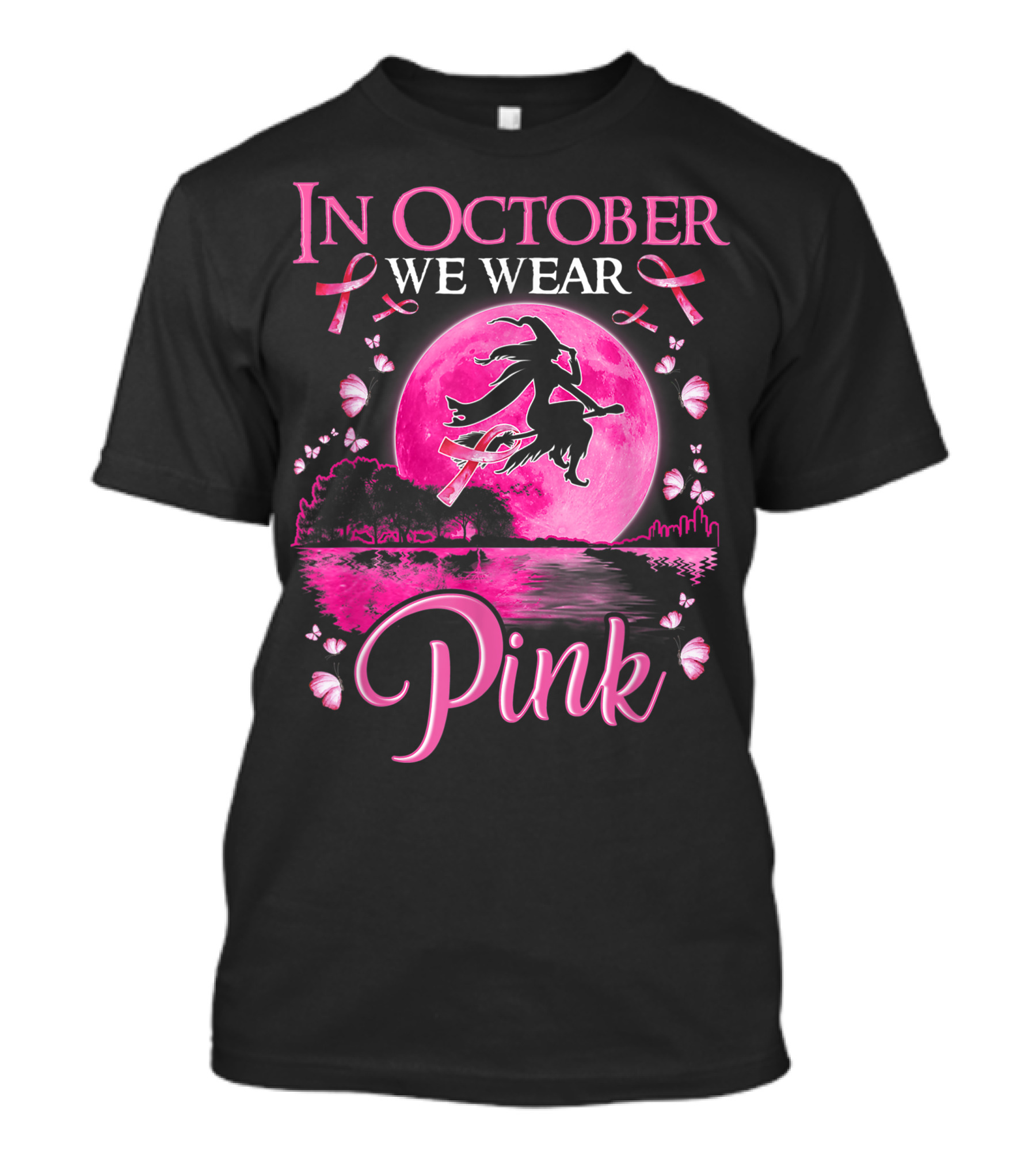 In October We Wear Pink Witch And Moon Breast Cancer Awareness T-Shirt