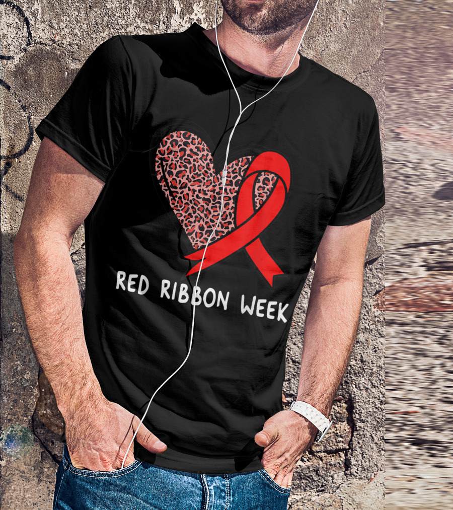 Red Ribbon Week Leopard Print Heart T-Shirt