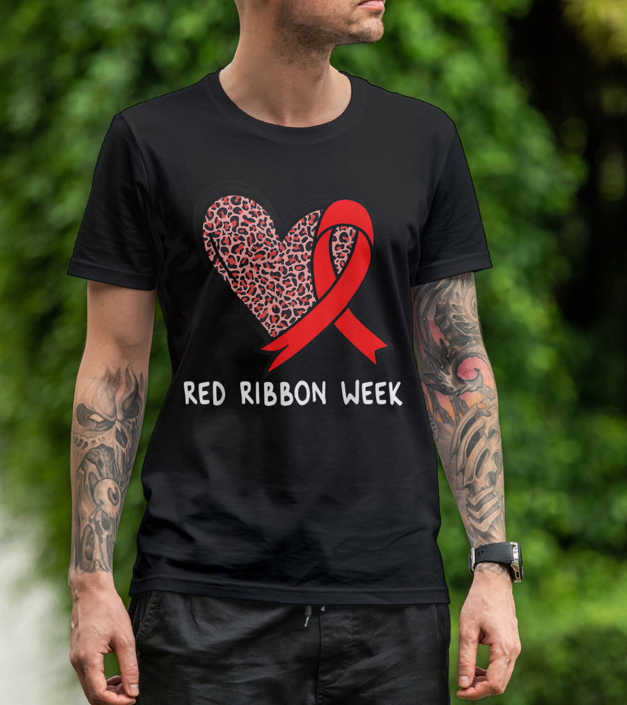 Red Ribbon Week Leopard Print Heart T-Shirt