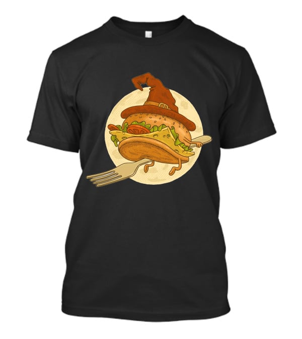 Hamburger With Witch Hat Riding A Fork In Front Of Full Moon T-Shirt
