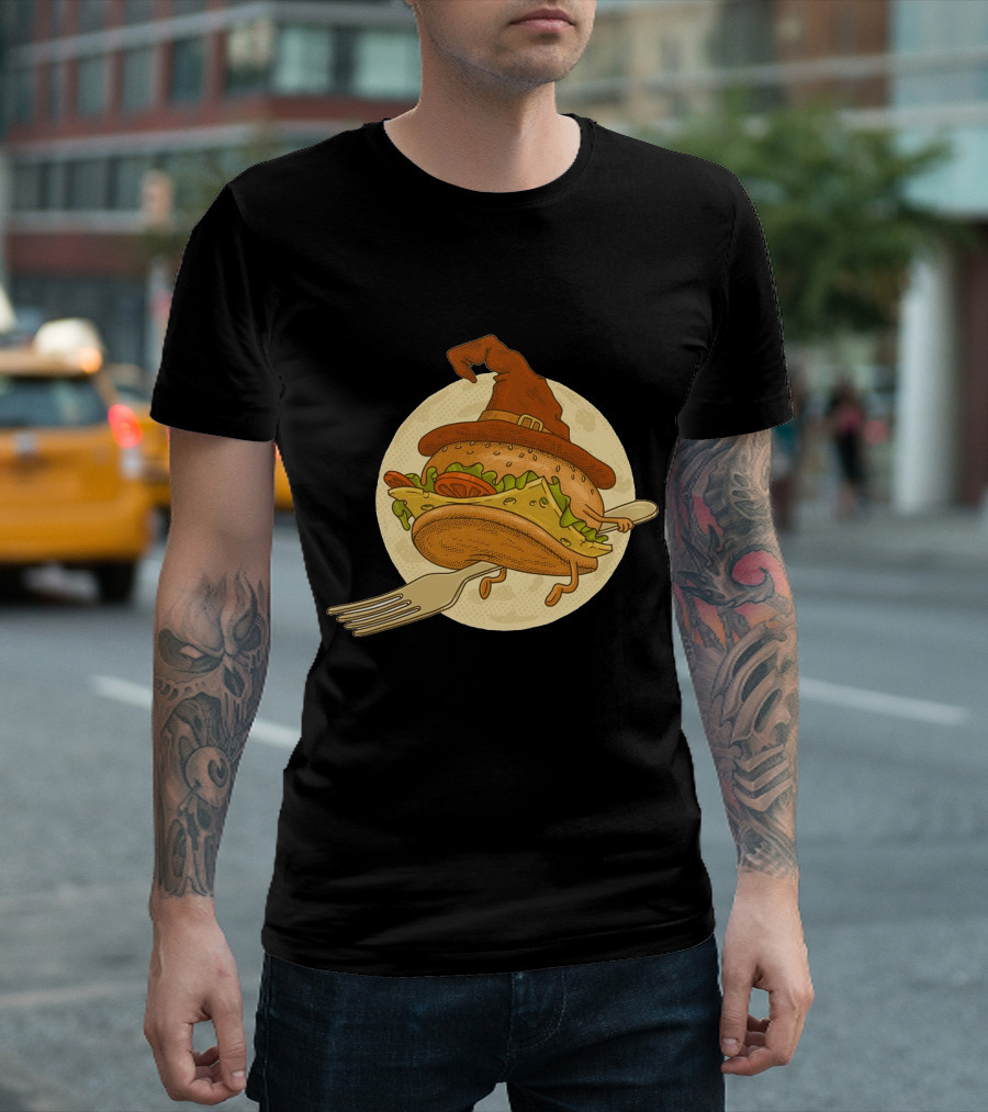 Hamburger with Witch Hat Riding a Fork in Front of Full Moon T-Shirt