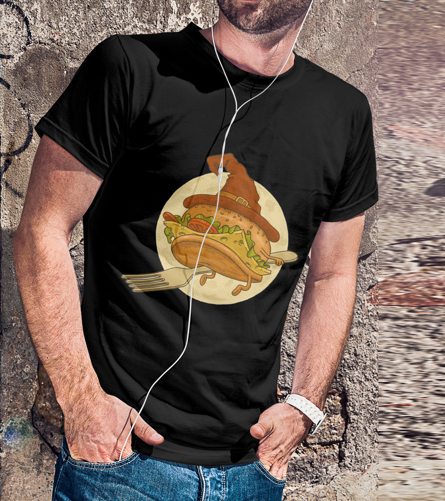 Hamburger With Witch Hat Riding A Fork In Front Of Full Moon T-Shirt