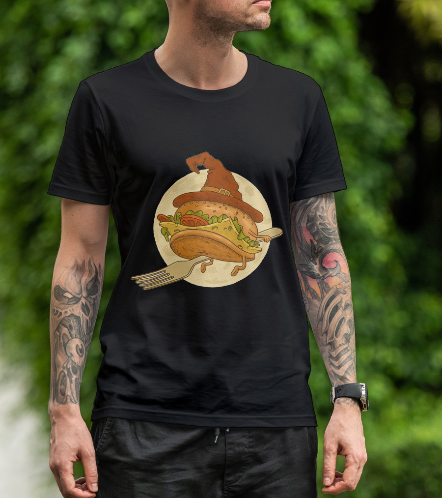 Hamburger With Witch Hat Riding A Fork In Front Of Full Moon T-Shirt
