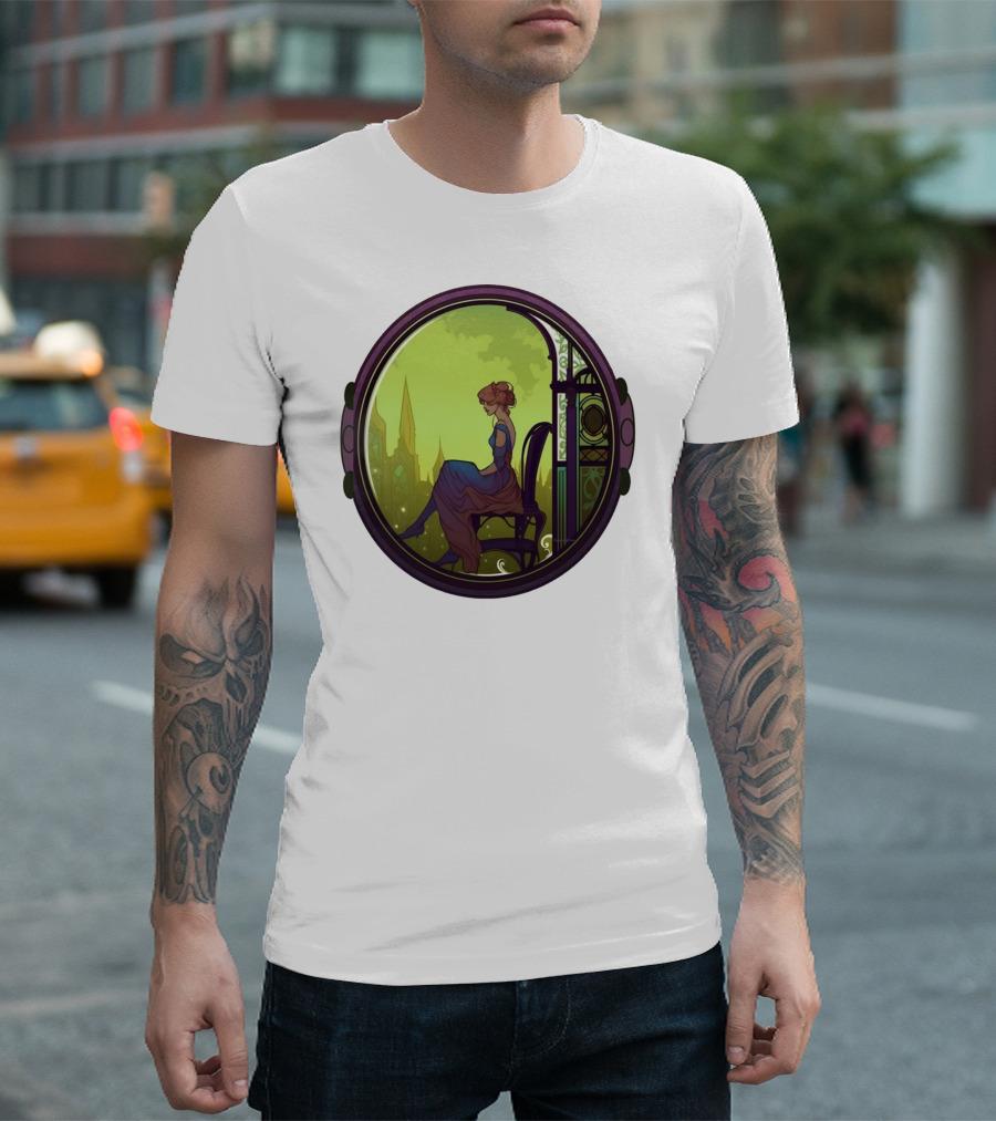 Mysterious Pensive Woman in Enchanted Gothic Cityscape T-Shirt