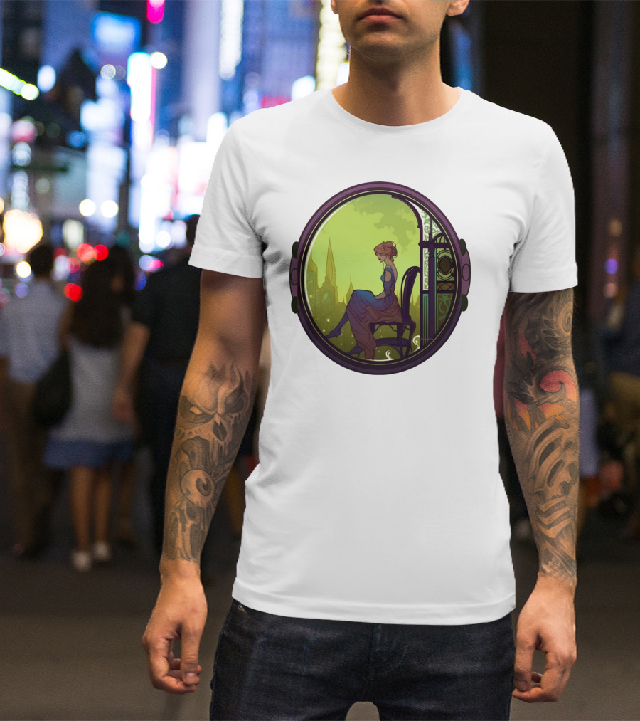Mysterious Pensive Woman In Enchanted Gothic Cityscape T-Shirt