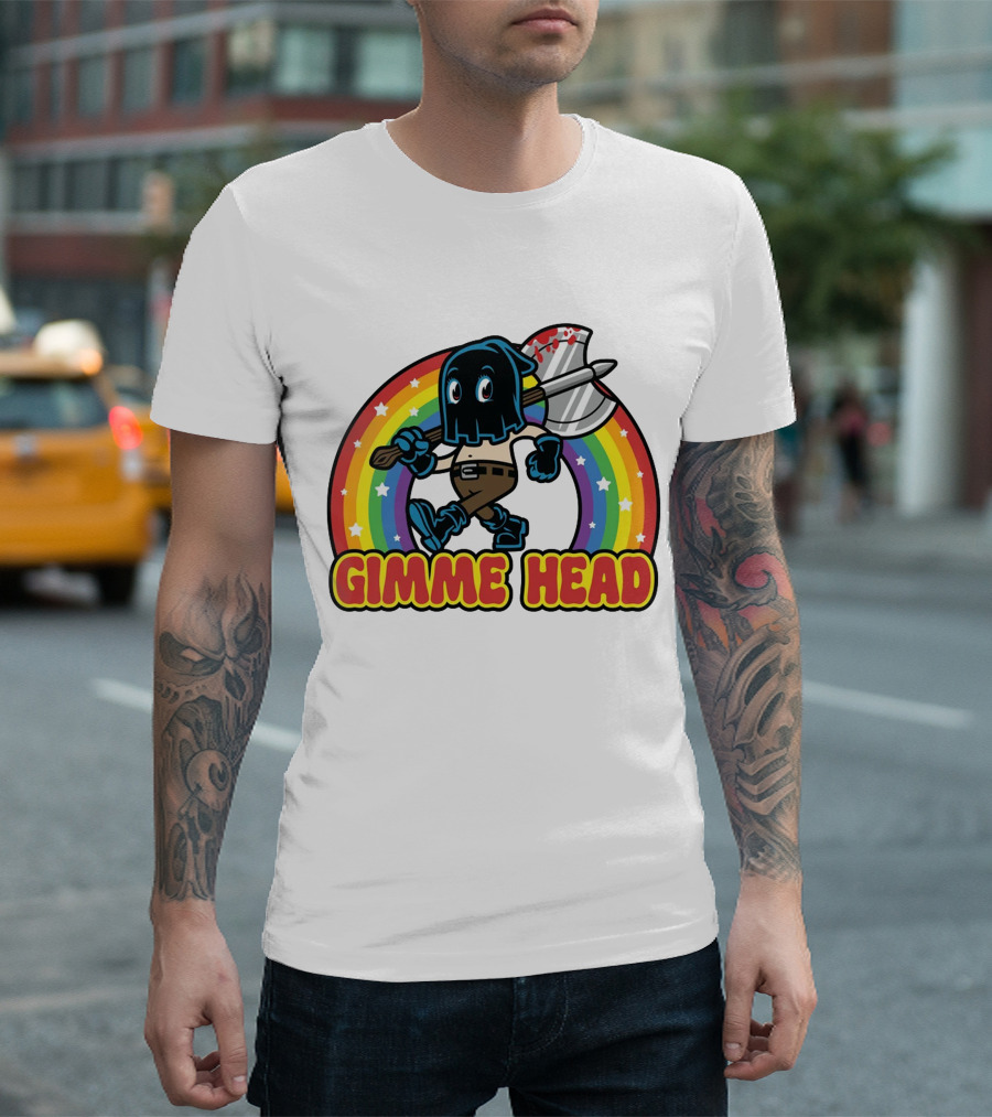 Gimme Head Colorful Hooded Figure with Bloody Axe and Rainbow T-Shirt