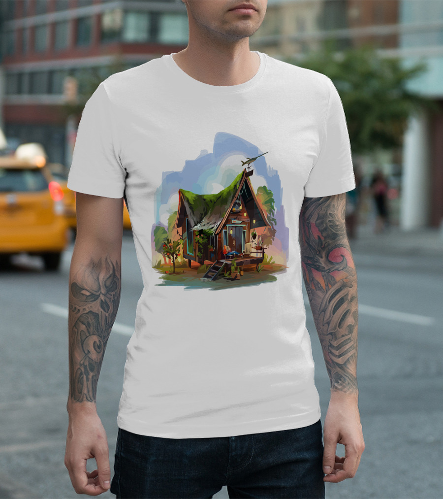 Dream House with Grass Roof and Airplane Sky Scene T-Shirt