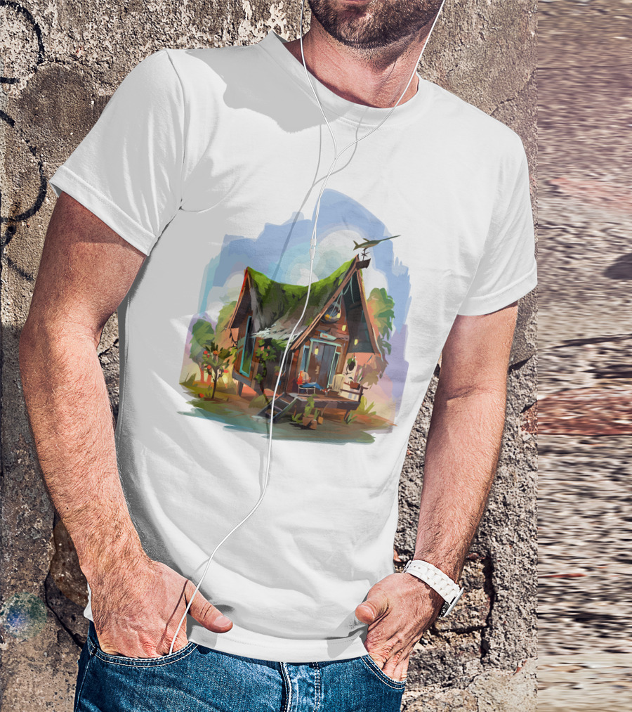 Dream House With Grass Roof And Airplane Sky Scene T-Shirt