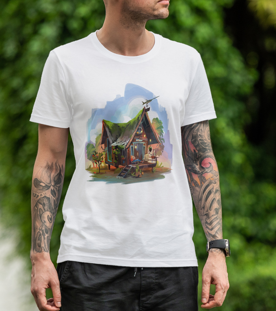 Dream House With Grass Roof And Airplane Sky Scene T-Shirt
