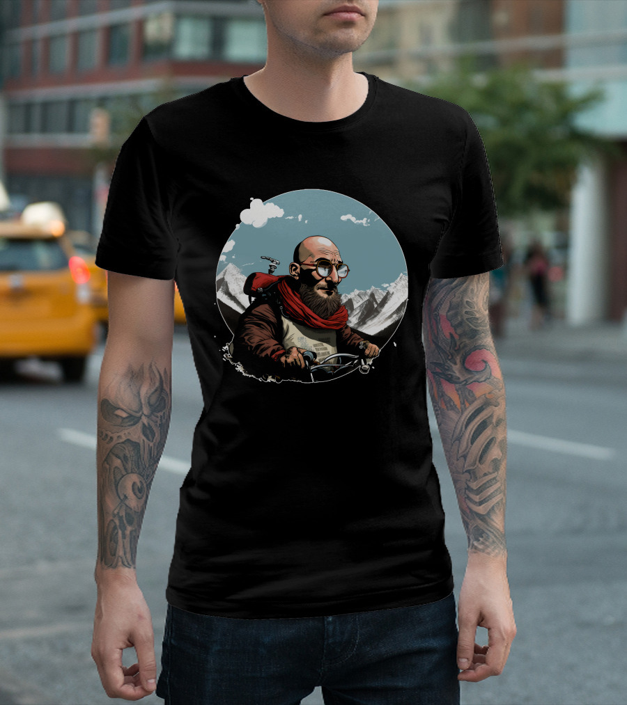 Bald Man On Motorcycle Through Mountain Landscape With Red Scarf And Glasses T-Shirt