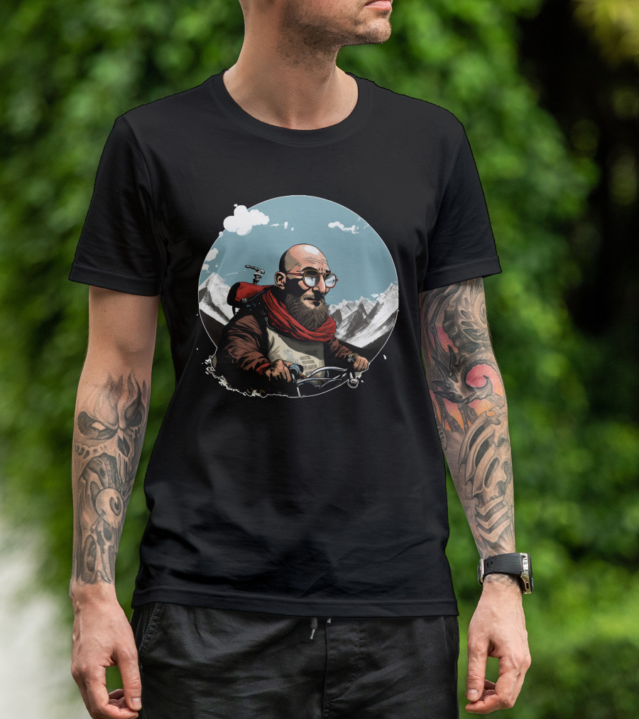 Bald Man On Motorcycle Through Mountain Landscape With Red Scarf And Glasses T-Shirt