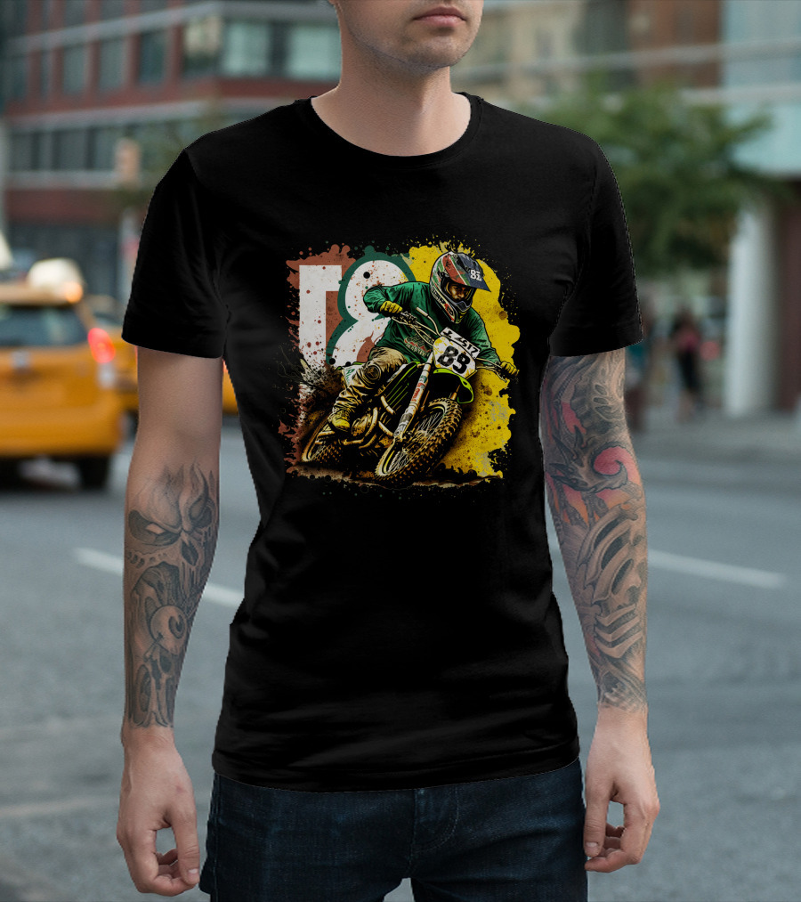 Motocross Racer Dynamic Action with Number 83 and Splatter Background T-Shirt