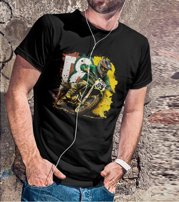 Motocross Racer Dynamic Action With Number 83 And Splatter Background T-Shirt