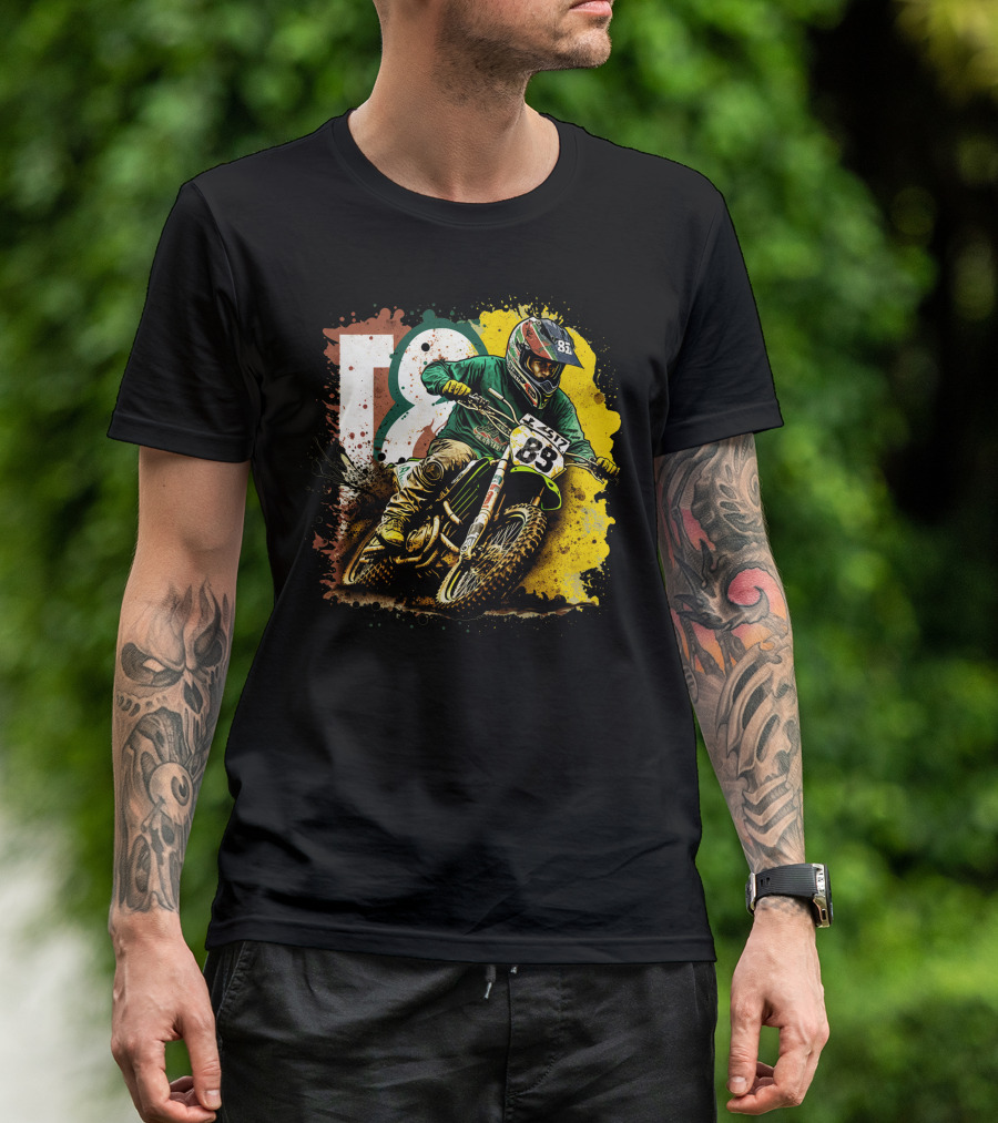 Motocross Racer Dynamic Action With Number 83 And Splatter Background T-Shirt
