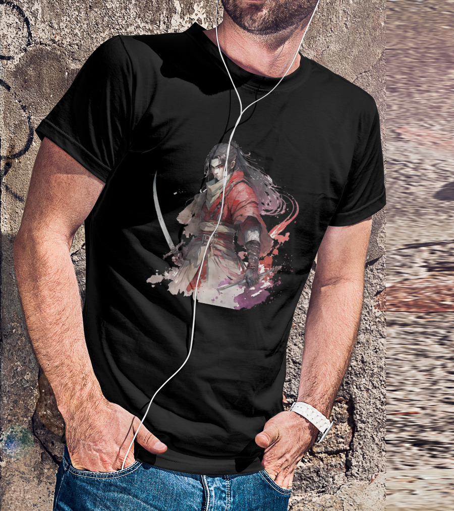 Samurai Blade Warrior In Red Robes With Dual Katanas And Flowing Hair T-Shirt