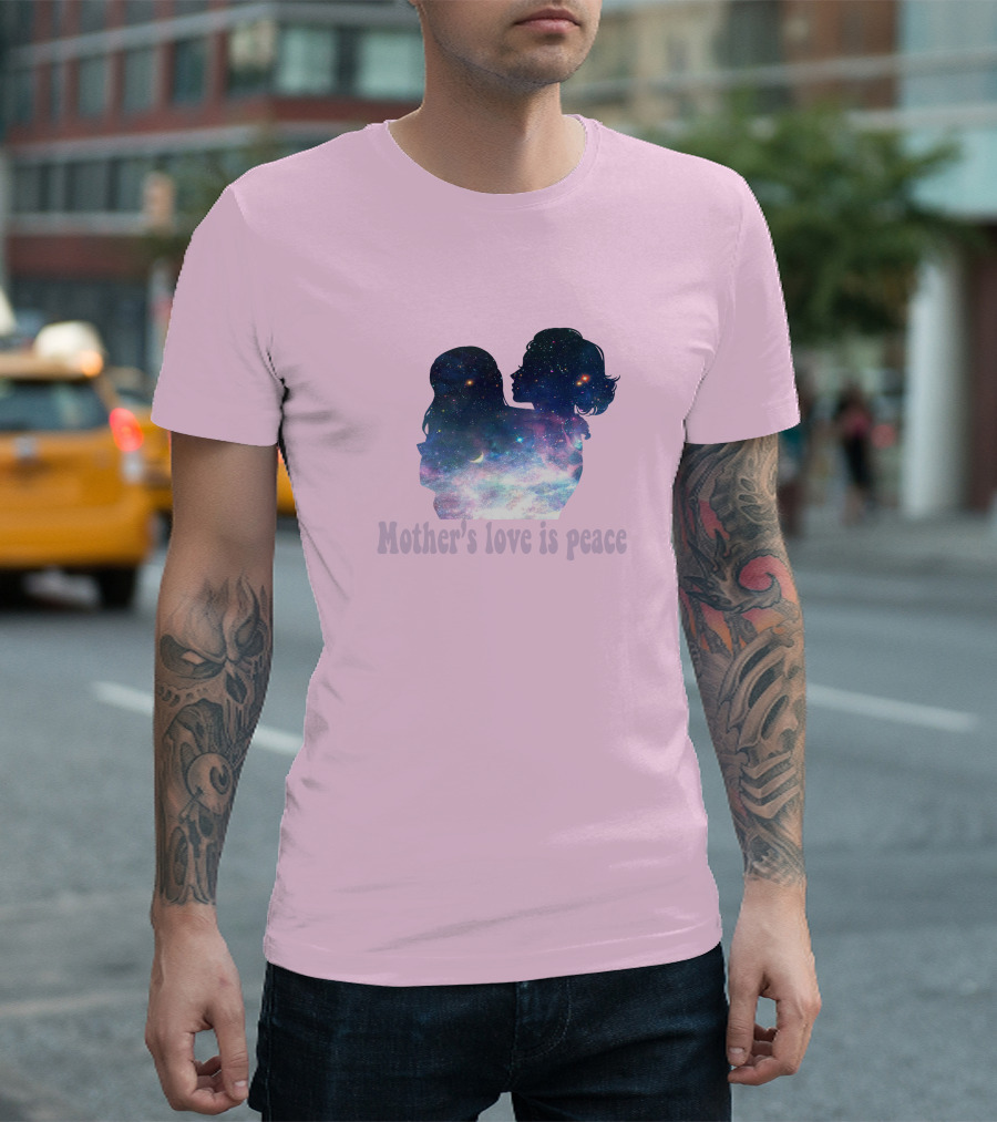 Mother's Love Is Peace Cosmic Silhouette on Pink Background T-Shirt