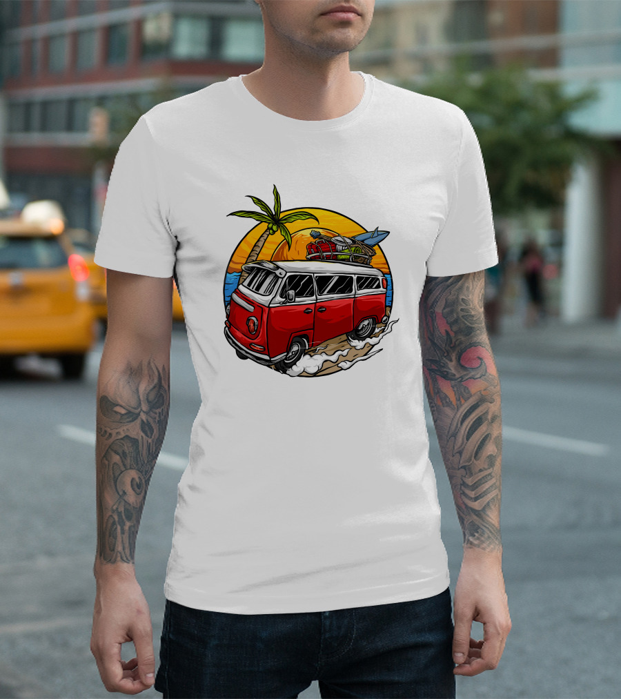 Holiday Vintage Car with Sunset Surfboard and Palm Tree Beach Scene T-Shirt